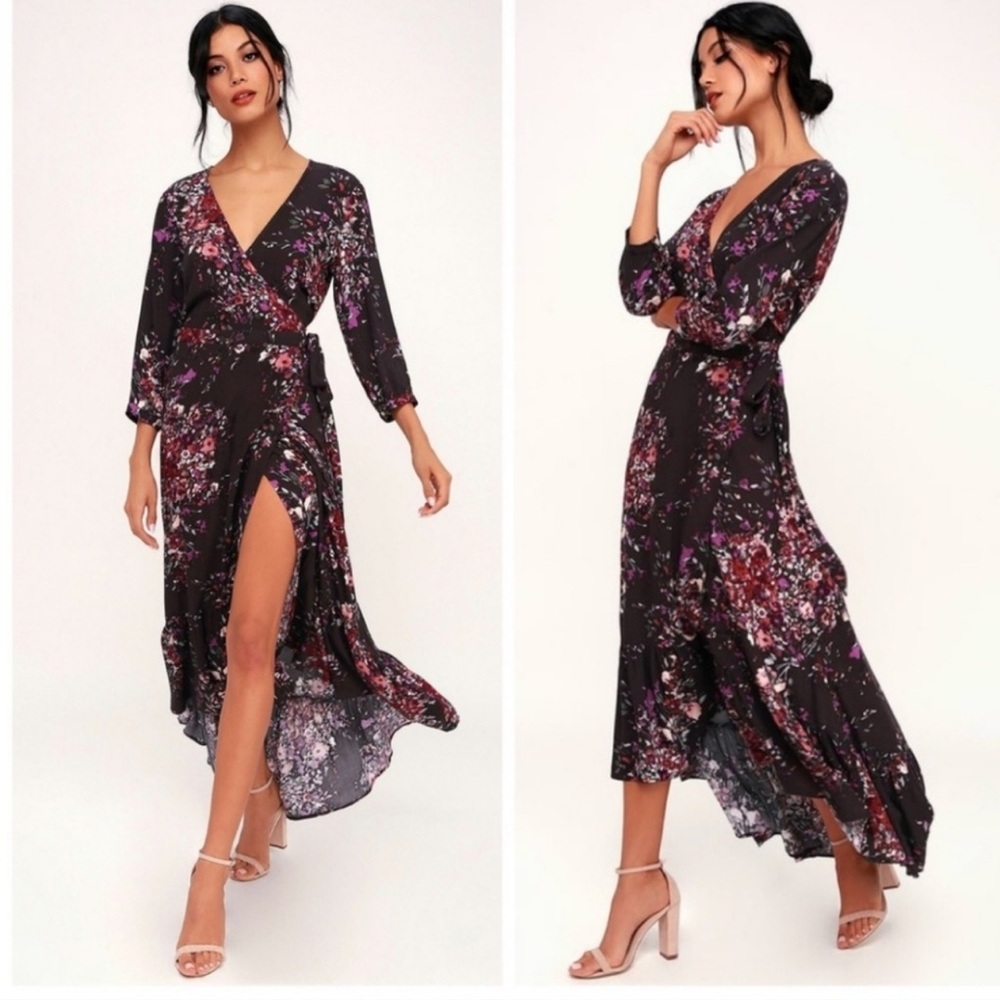 Lovestitch Burgundy Floral Long Sleeve Dress Wrap Maxi Dress Size L